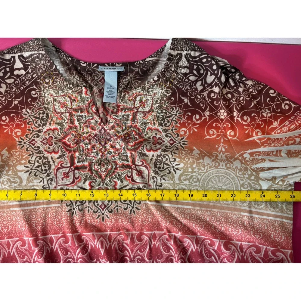 CATHERINES Orange Paisley Embellished V-Neck Tunic Top 2X Boho-Chic Art-to-Wear